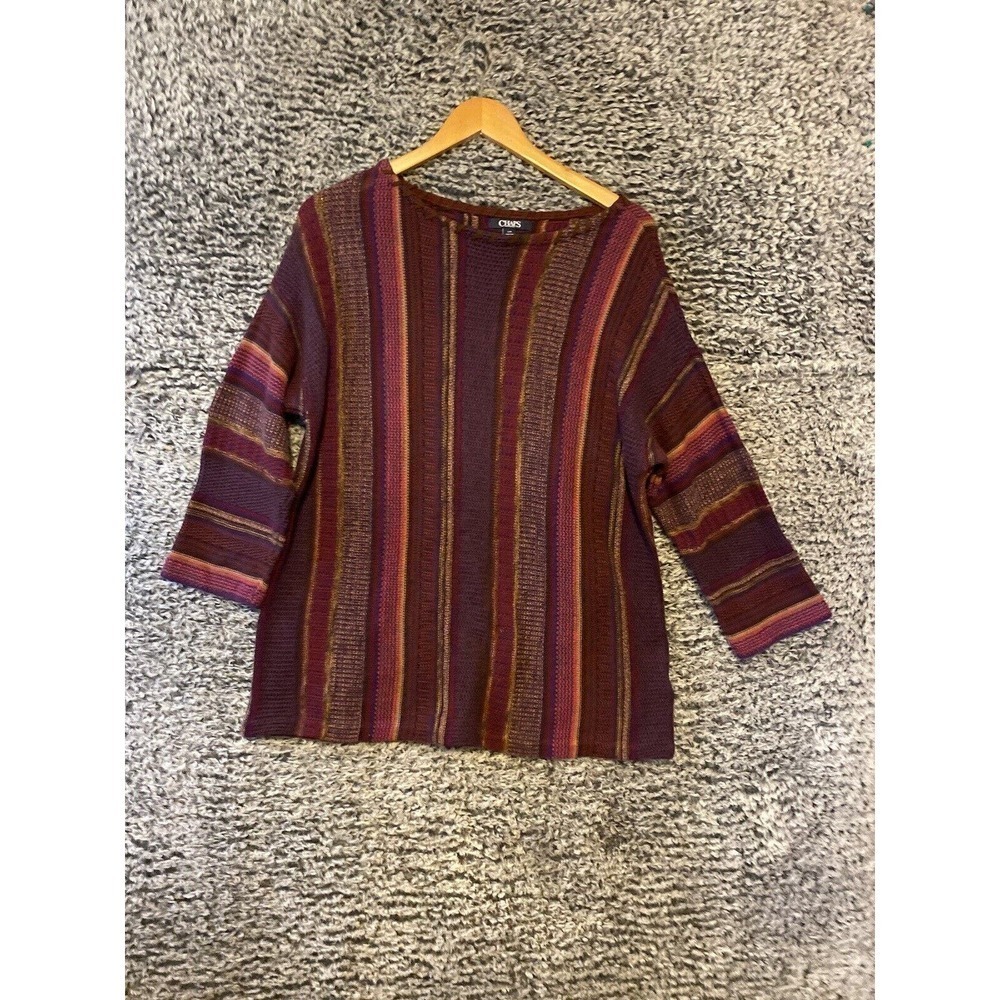 Chaps Women's Size L Tunic Sweater Southwestern Striped Faux Leather Trim Purple
